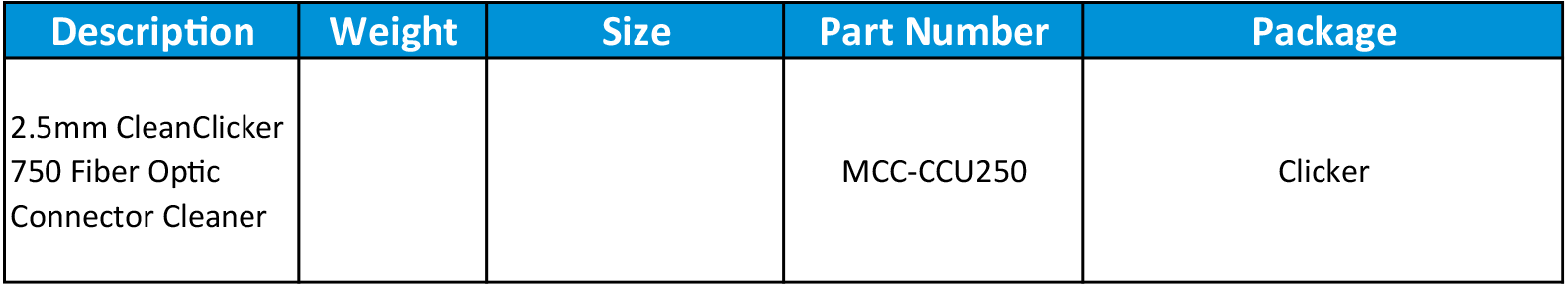 2.5mm CleanClicker 750 Fiber Optic Connector Cleaner Chart mcc ccu250