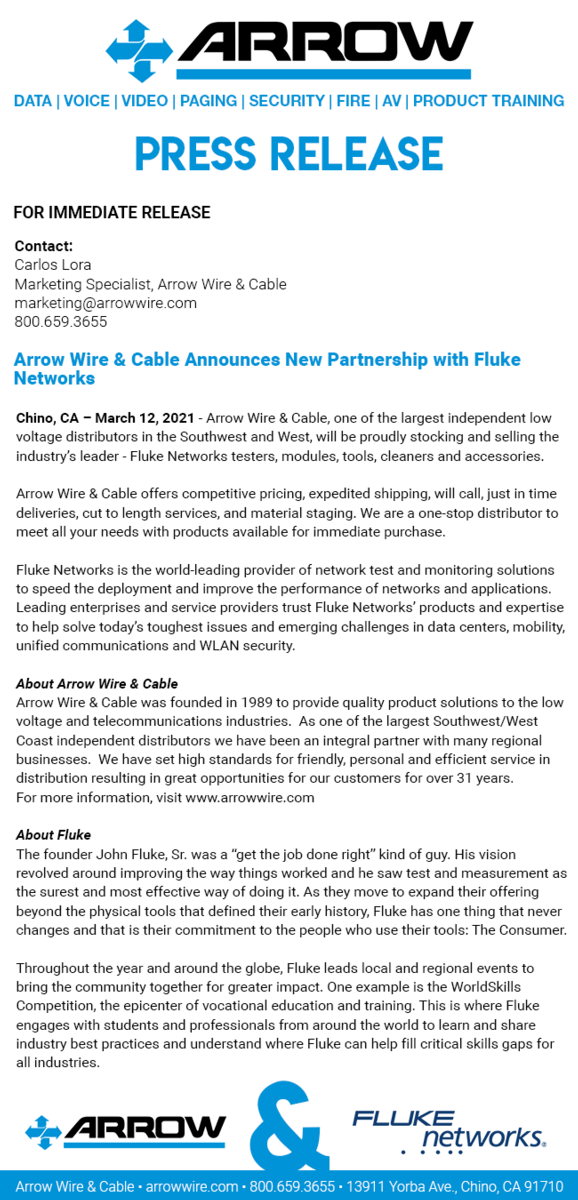 press release fluke networks available at arrow wire & cable 