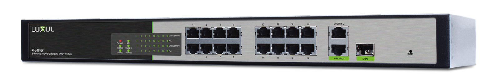 18 port 16 poe 2 gig uplink smart switch xfs 1816