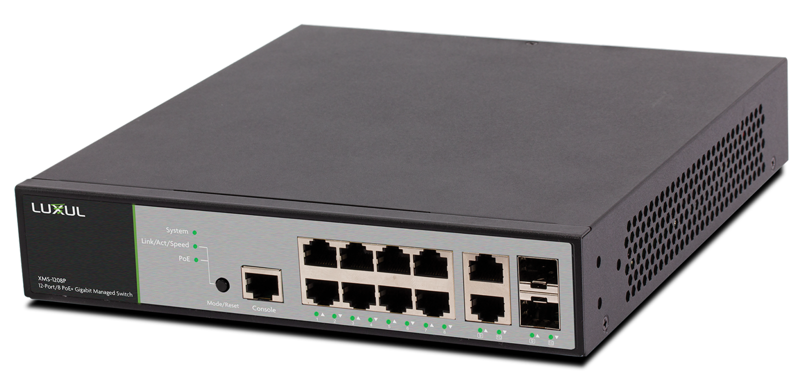12 port 8 poe front facing rackmount switch xms 1208p