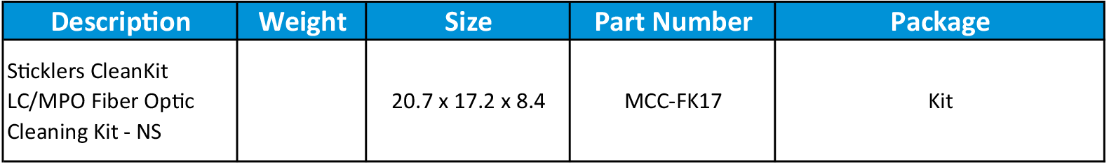 Sticklers CleanKit LC/MPO Fiber Optic Cleaning Kit – NS chart mcc-fk17